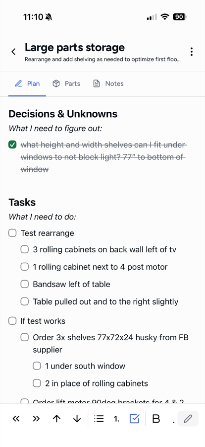 Assembly app showing a project plan with tasks and unknowns