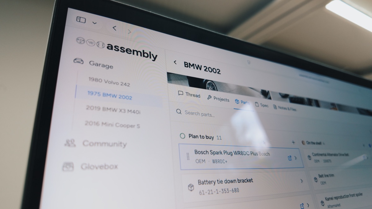 Assembly web showing BMW 2002 parts to buy and parts on the shelf