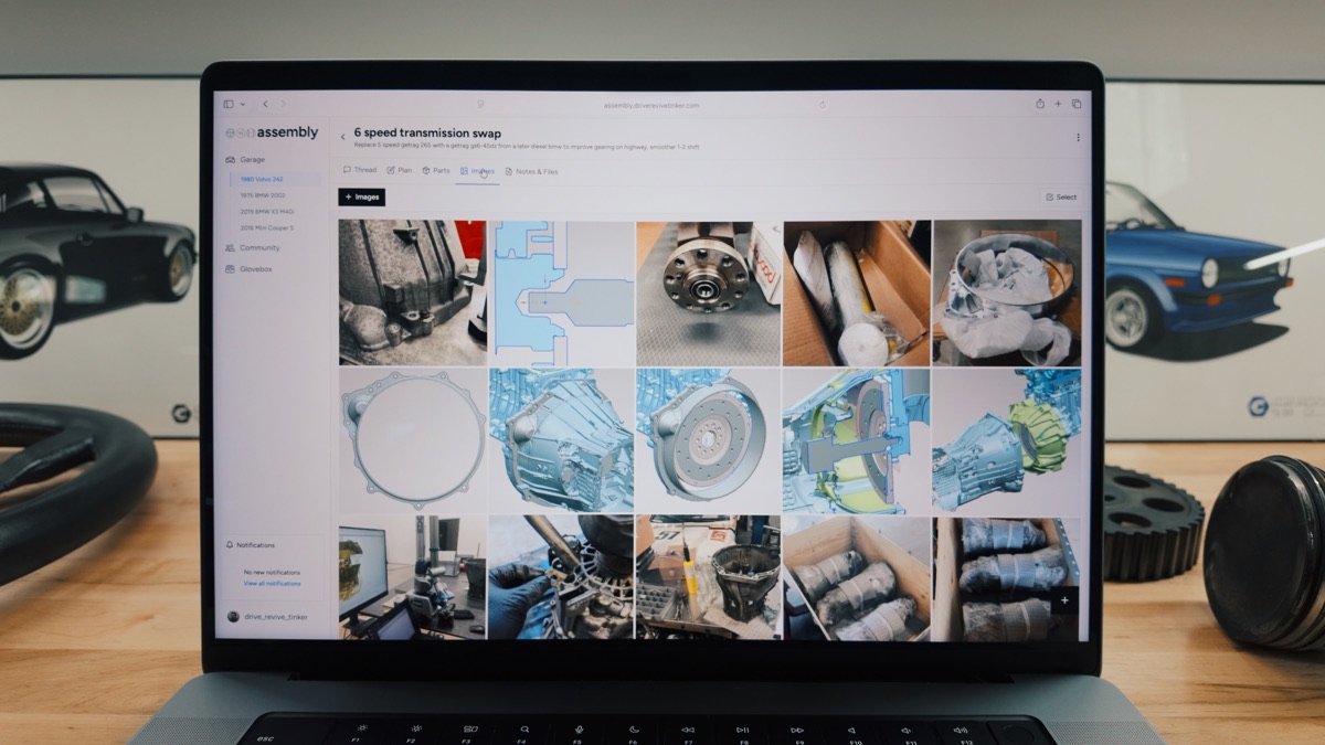 Assembly web displaying transmission project photos and technical drawings together
